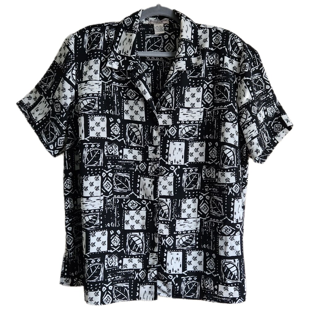 Notations Women's Blouse Size 2X Black White Button-Up Tribal Aloha Hawaiian EUC